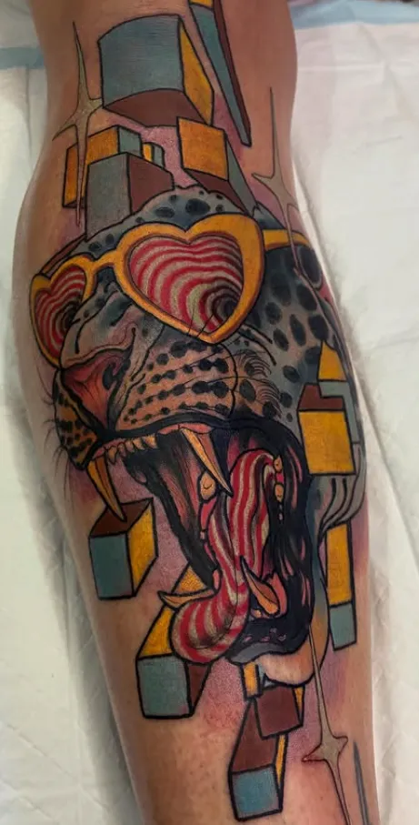 Snarling panther head wearing red heart-shaped sunglasses, set against a teal and amber geometric background.
